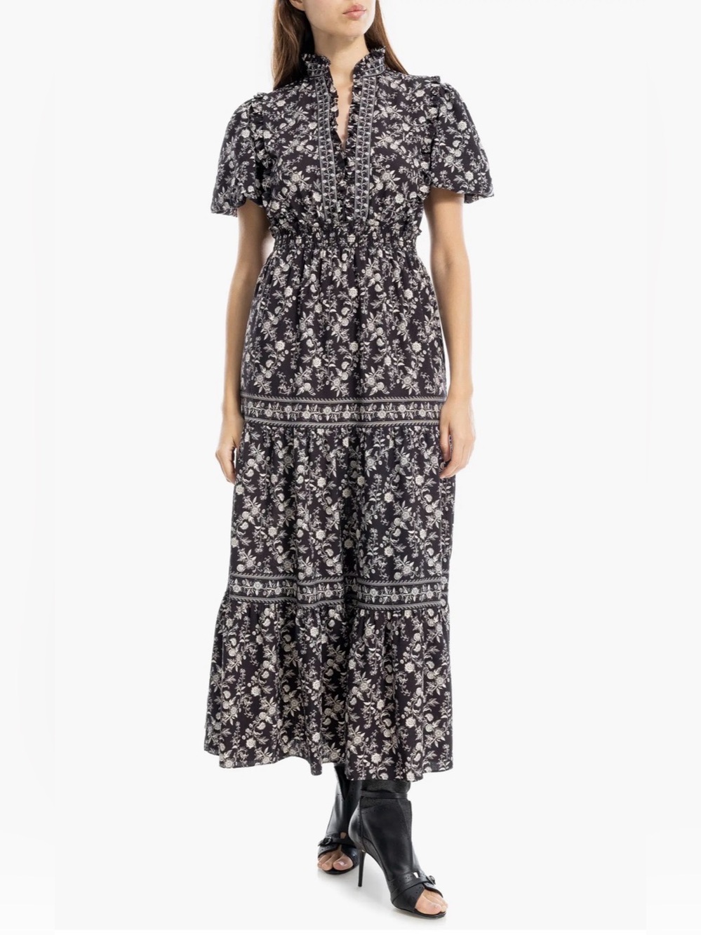 Max Studio Ruffle Bubble Black Floral Tiered Maxi Dress | Puff Sleeve | Size S